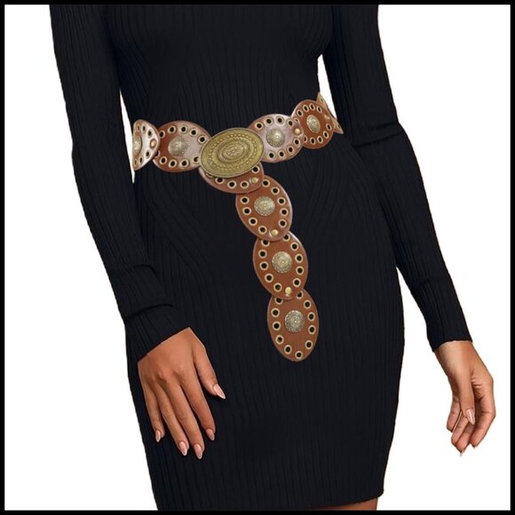 Accessories - Western Wide Disc Belt Vintage Boho PU Leather Buckle Adjustable Dress Jeans